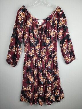 Z Studio Red Burgandy Floral Off-Shoulder Dress Sz Large Boho